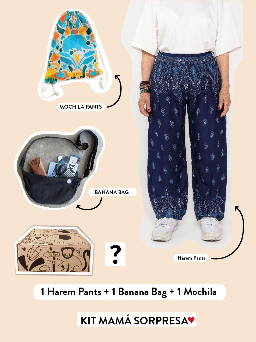 KIT MAMÁ SORPRESA: 1 HAREM PANT + BANANA BAG + 1 MOCHILA PANTS - Pantsforlove Pantalones anchos, pantalones yoga